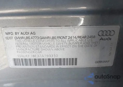 2007 Audi A4 2.0T из США, поврежденный, VIN WAUEF78E37A193310